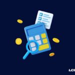 Ilustração com calculadora azul, lupa, checklist e moedas douradas sobre fundo azul escuro, com logo do LCbank no canto.