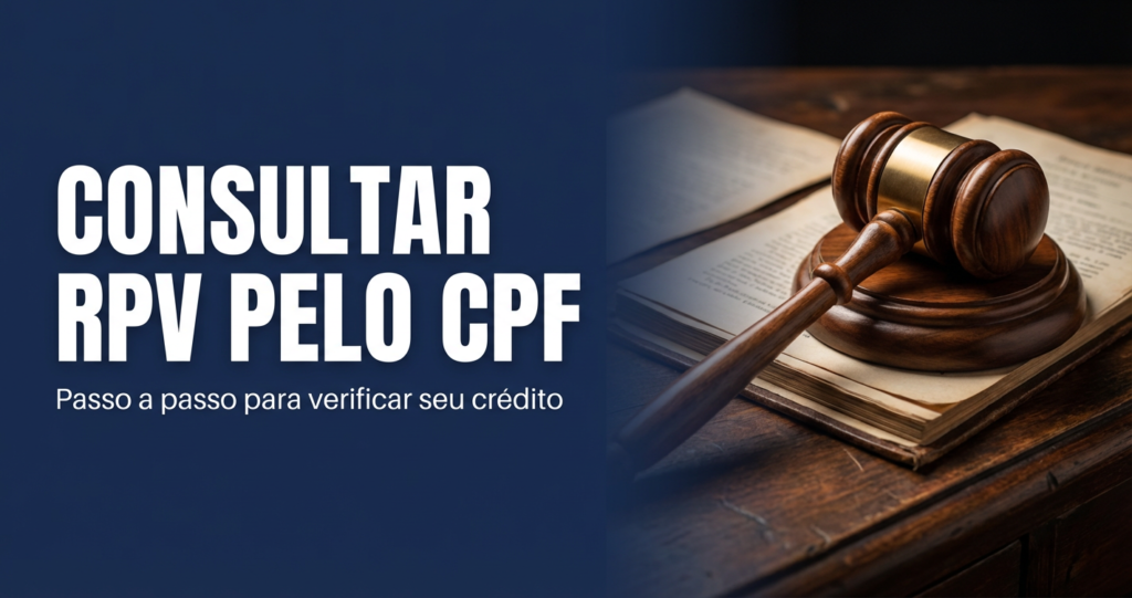 alt="Banner azul com texto 'Consultar RPV pelo CPF' e foto de um martelo de juiz sobre documentos jurídicos."