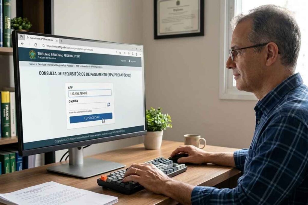 Homem consultando RPV ou precatório pelo CPF no site do Tribunal Regional Federal (TRF) em um computador, acessando sistema de consulta de requisitórios de pagamento.