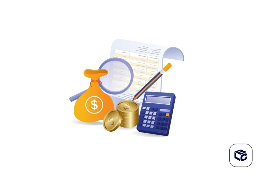 Ilustração com saco de dinheiro, moedas, calculadora, lupa e documento financeiro, representando cálculo de valores, consulta de RPV e precatórios federais.