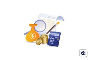 Ilustração com saco de dinheiro, moedas, calculadora, lupa e documento financeiro, representando cálculo de valores, consulta de RPV e precatórios federais.